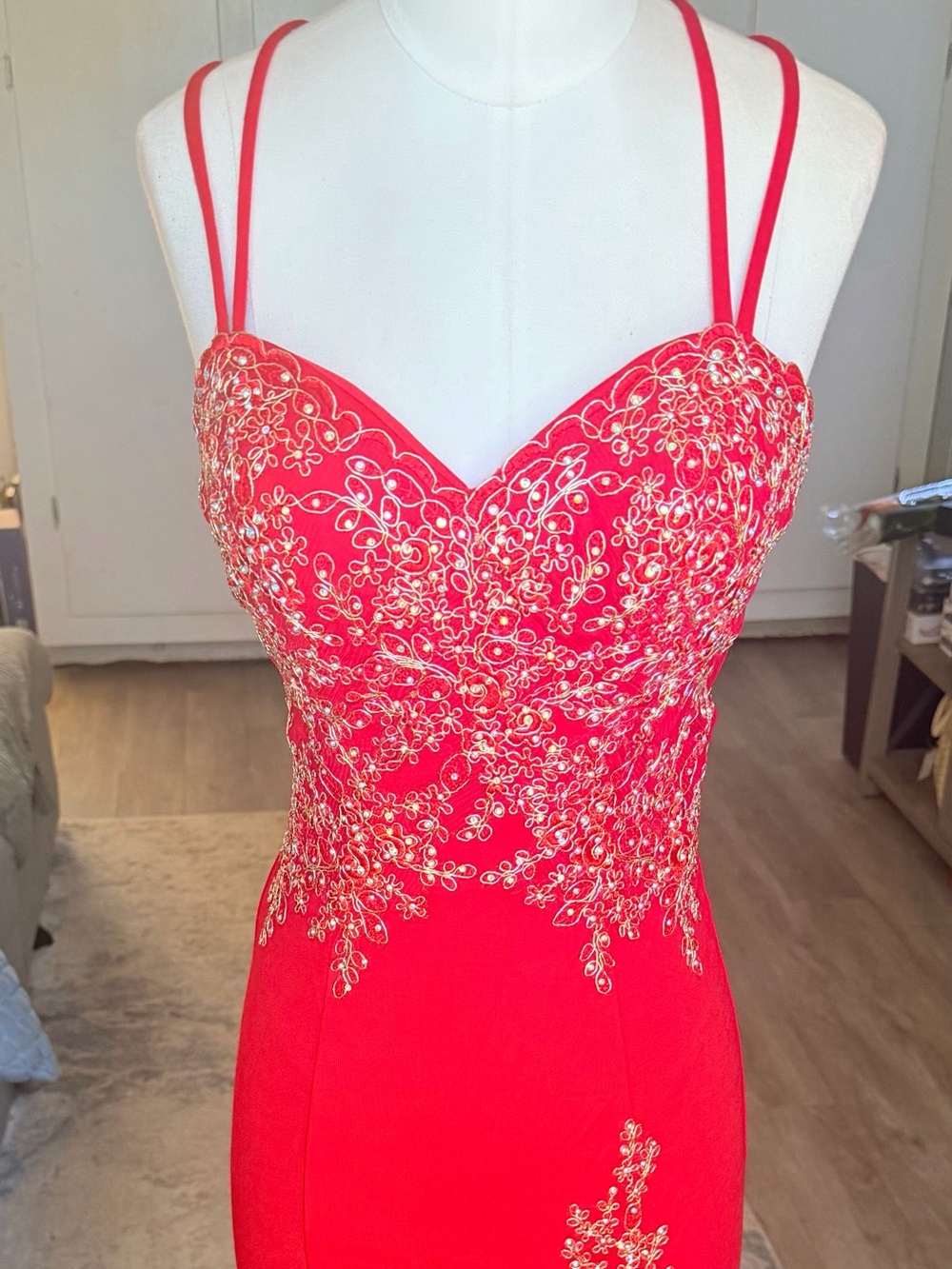 May Queen Red Evening Gown with Gold Embroidery
